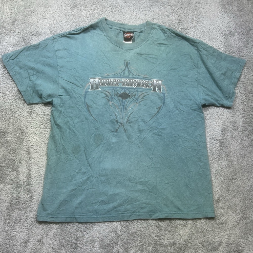 Harley-Davidson Shirt XL Green Dudley‎ Perkins San Francisco Made in USA *SPOTS